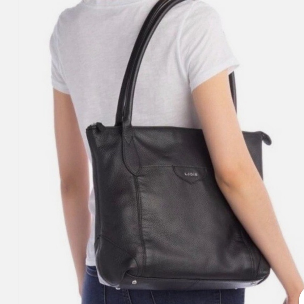 Lodis Sierra Black Pebbled Black Leather Large Travel Tote Shoulder Bag